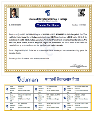 Eduman Transfer Cirtificate & Invelop Tags